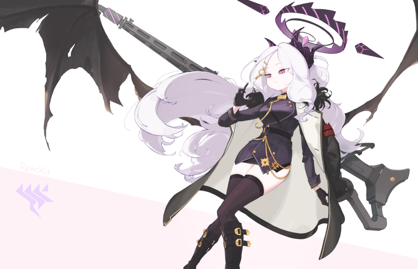 1girl ahoge armband black_coat black_halo black_skirt black_thighhighs blue_archive breasts coat coat_on_shoulders demon_girl demon_horns demon_wings denchi5 gehenna_academy_logo gun halo hina_(blue_archive) holding holding_gun holding_weapon horns long_hair looking_at_another machine_gun mg42 purple_eyes red_armband simple_background skirt small_breasts solo thighhighs weapon white_hair wings