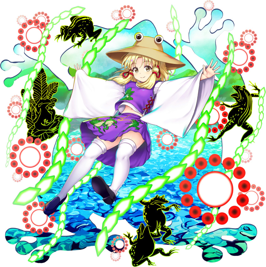 1girl animal_print black_shoes blonde_hair brown_hat closed_mouth danmaku frog frog_print full_body game_cg hair_ribbon hat highres long_hair long_sleeves looking_at_viewer midriff_peek moriya_suwako mountain_of_faith navel official_art purple_skirt purple_vest red_ribbon ribbon rotte_(1109) shirt shoes sidelocks skirt skirt_set smile solo thighhighs third-party_source touhou touhou_lostword transparent_background tress_ribbon vest water white_shirt white_thighhighs wide_sleeves yellow_eyes