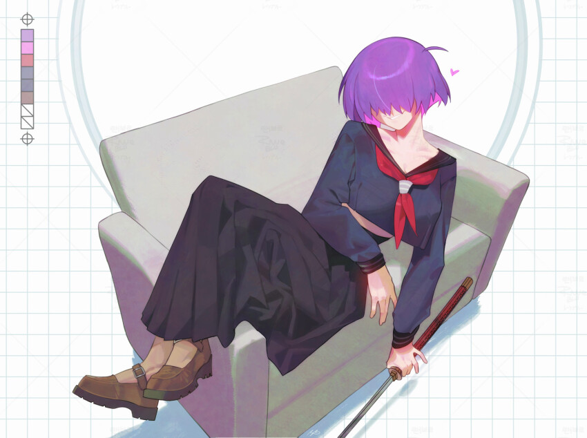 1girl ahoge black_skirt blue_shirt breasts brown_pantyhose brown_shoes cleavage color_guide couch crop_top crop_top_overhang crossed_legs facing_viewer full_body grid_background grin hair_over_eyes heart highres holding holding_sword holding_weapon long_sleeves mara_(raneblu) medium_breasts neckerchief original pantyhose purple_hair raneblu red_neckerchief sailor_collar school_uniform shirt shoes short_hair signature sitting_sideways skirt smile solo sword weapon
