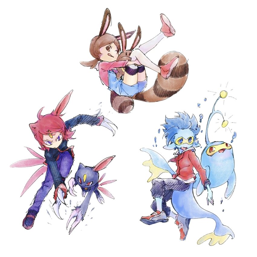 1girl 2boys :d :p animal_ears black_footwear black_jacket black_pants blue_eyes blue_hair blue_overalls blue_skin brown_eyes brown_hair claws colored_skin ethan_(pokemon) forehead_jewel full_body fusion game_freak gen_2_pokemon highres jacket lanturn long_hair looking_at_viewer lyra_(pokemon) multiple_boys nintendo one_eye_closed open_mouth overalls pants pokemon pokemon_(creature) pokemon_hgss purple_eyes purple_pants red_eyes red_hair red_jacket red_shirt red_shoes sentret shirt shoes silver_(pokemon) simple_background smile sneasel tail tan_carbonnn thighhighs tongue tongue_out white_background white_thighhighs