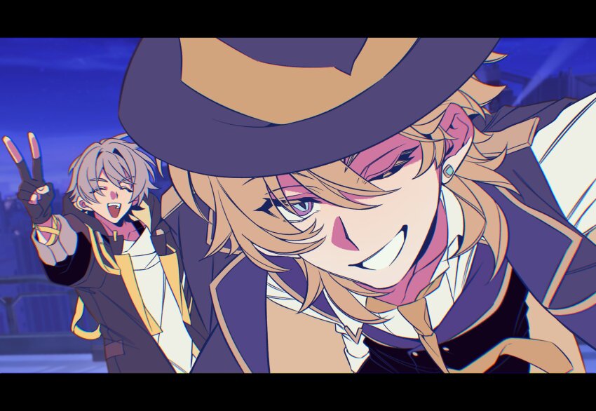 2boys aventurine_(honkai:_star_rail) aventurine_(stoneheart&#039;s_oath_ring)_(honkai:_star_rail) black_border black_coat black_gloves black_hat black_pants blonde_hair blue_eyes blue_gemstone blue_sky border building caelus_(honkai:_star_rail) city closed_eyes coat collarbone collared_shirt commentary_request crystal_earrings earrings fingerless_gloves gem gloves grey_hair hair_between_eyes hand_up happy hat highres honkai:_star_rail honkai_(series) hood hooded_coat in-universe_location jacket jewelry lapels long_sleeves looking_at_viewer male_focus multicolored_eyes multiple_boys necktie night night_sky official_alternate_costume one_eye_closed open_clothes open_coat open_jacket open_mouth open_vest outdoors pants peril puffy_long_sleeves puffy_sleeves purple_eyes purple_hat purple_jacket purple_vest rongyuan_gulu shirt short_hair sidelocks sky skyscraper smile standing t-shirt teeth trailblazer_(honkai:_star_rail) two-sided_fabric two-sided_jacket v vest white_shirt yellow_jacket yellow_necktie