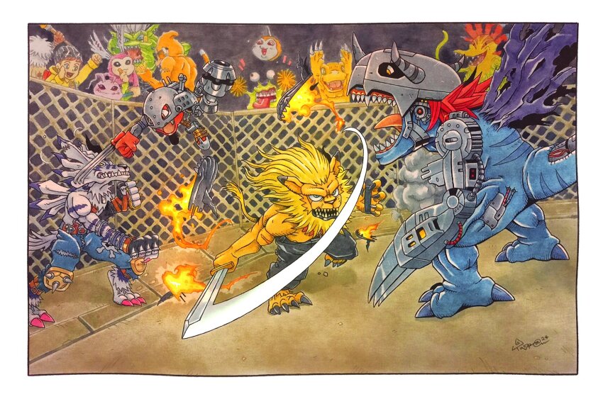 agumon digimon digimon_(creature) etemon highres jijimon koromon leomon looking_at_another mameo_(digimon) metalgreymon_(virus) metalmamemon numemon orgemon picklemon sharp_teeth sword teeth tentacles tunomon vegimon weapon weregarurumon
