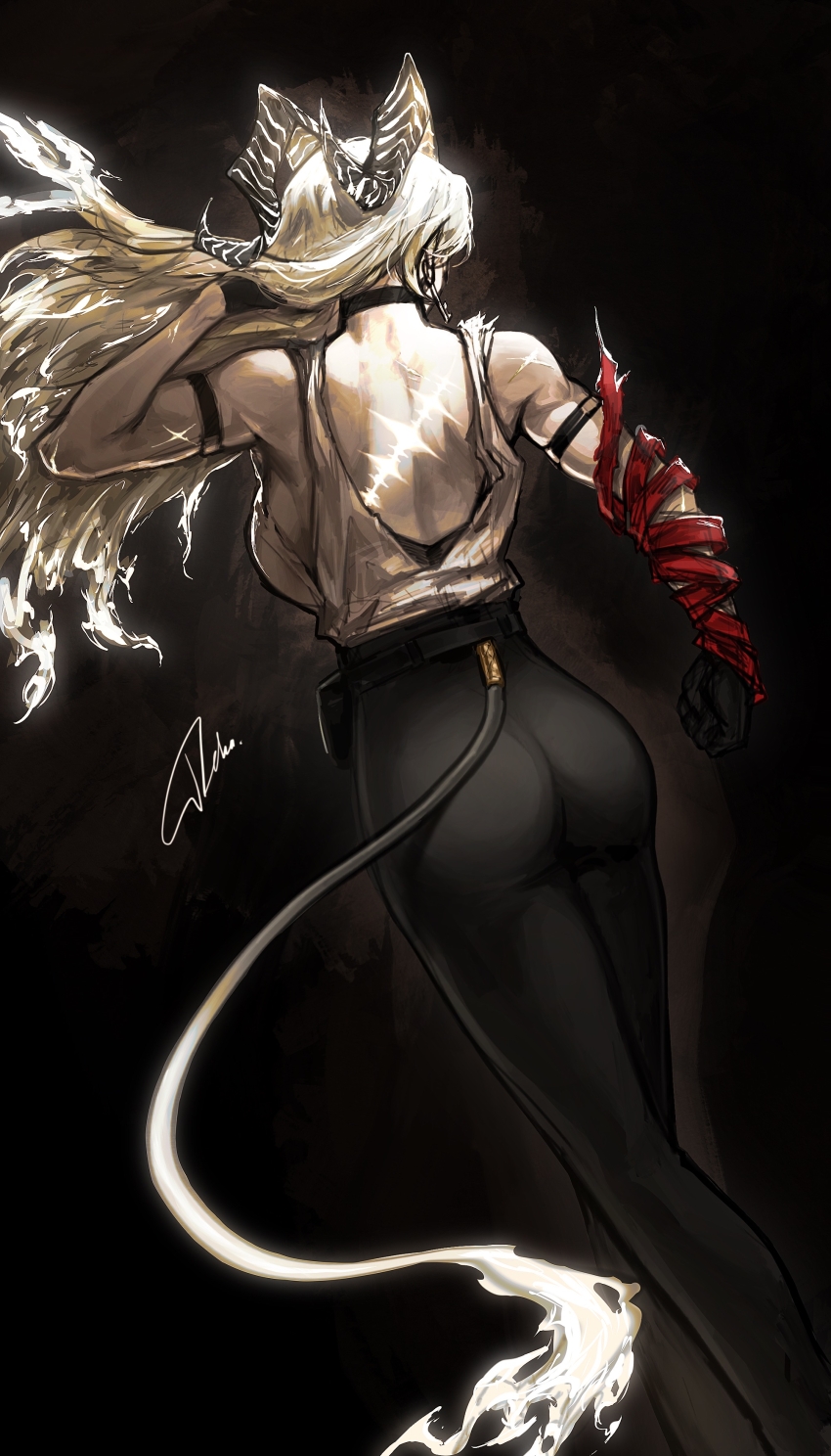1girl absurdres ass bare_shoulders black_choker black_gloves black_horns black_pants blonde_hair breasts choker clenched_hand commentary curled_horns dark_background deka_yo earrings fire flame-tipped_tail from_behind gloves hand_up highres horns jewelry key_earrings large_breasts long_hair median_furrow muscular muscular_female necktie necktie_around_wrists pants red_necktie shirt signature solo tacet_mark_(wuthering_waves) tail torn_clothes torn_shirt white_shirt wuthering_waves zani_(wuthering_waves)