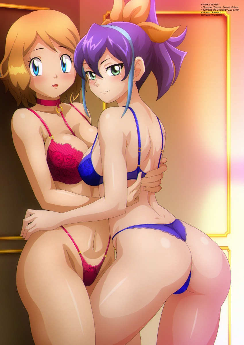 2girls absurdres ass blue_bra blue_eyes blue_hair blue_panties blush bow bow_panties bra breasts brown_hair cleavage collarbone creatures_(company) crossover floral_print game_freak green_eyes hair_ribbon highleg highleg_panties highres hug large_breasts long_hair looking_at_viewer looking_back medium_breasts multicolored_hair multiple_girls name_connection navel nintendo open_mouth orange_ribbon panties pokemon pokemon_(anime) pokemon_xy_(anime) ponytail print_bra print_panties purple_hair red_bow red_bra red_panties ribbon serena_(pokemon) serena_(yu-gi-oh!) short_hair smile streaked_hair underwear yu-gi-oh! yu-gi-oh!_sevens yuri zel-sama