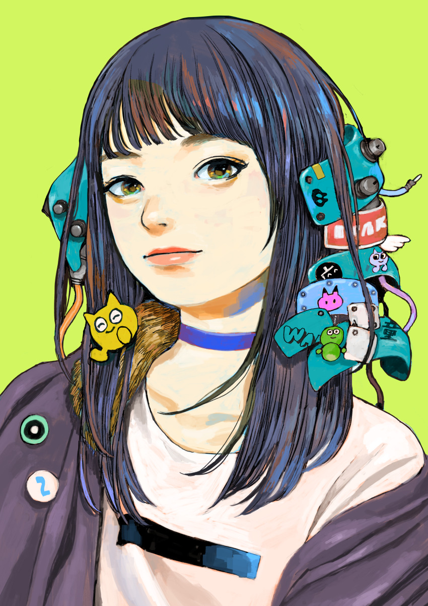 1girl absurdres black_hair blue_choker blunt_bangs choker green_background highres jacket junjunforever lips long_hair looking_at_viewer original shirt simple_background solo upper_body white_shirt yellow_eyes