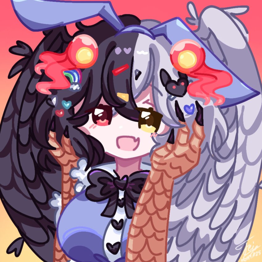 1girl alice_(black_souls) alice_(black_souls)_(cosplay) asymmetrical_wings bird_wings black_bow black_bowtie black_hair black_souls black_souls_2 blue_hairband blue_ribbon blue_skirt blush bow bow_hairband bowtie breasts buttons collared_shirt cosplay faydee frilled_shirt_collar frills gradient_background hair_ornament hairband hairclip half-harpy hands_in_hair hands_on_own_face happy head_wings headband heart heart_hair_ornament heterochromia highres jubjub_(black_souls) looking_at_viewer looking_to_the_side medium_breasts mismatched_wings multicolored_hair open_mouth rabbit_hair_ornament red_background red_eyes ribbon shirt short_hair signature sister_alice_(black_souls) skirt smile split-color_hair talons white_hair wings yellow_background yellow_eyes