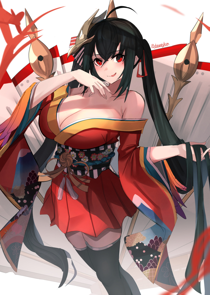 1girl absurdres ahoge artist_name azur_lane black_hair black_sash black_thighhighs breasts cleavage commentary crossed_bangs daweykun feet_out_of_frame floral_print_sash hair_ribbon highres huge_breasts japanese_clothes kimono long_hair long_sleeves looking_at_viewer mask mask_on_head miniskirt pleated_skirt red_eyes red_kimono red_ribbon red_skirt ribbon sash simple_background skirt solo taihou_(azur_lane) thighhighs twintails very_long_hair white_background wide_sleeves zettai_ryouiki