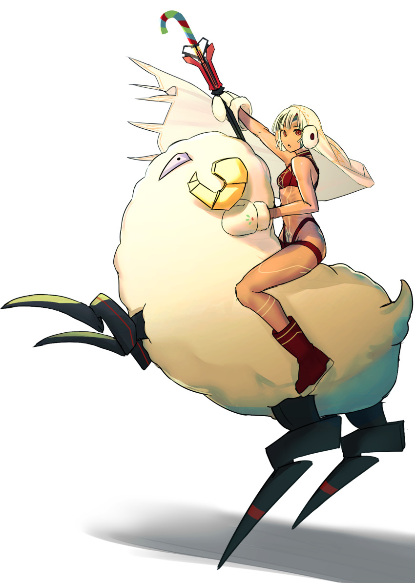 1girl altera_(fate) altera_the_santa_(fate) bikini boots breasts candy candy_cane fate/grand_order fate_(series) fine_art_parody food from_side highres holding holding_candy holding_candy_cane holding_food i-pan looking_at_viewer looking_to_the_side mittens napoleon_crossing_the_alps parody parted_lips rearing red_bikini red_boots riding sheep short_hair simple_background small_breasts solo swimsuit veil white_background white_hair white_mittens