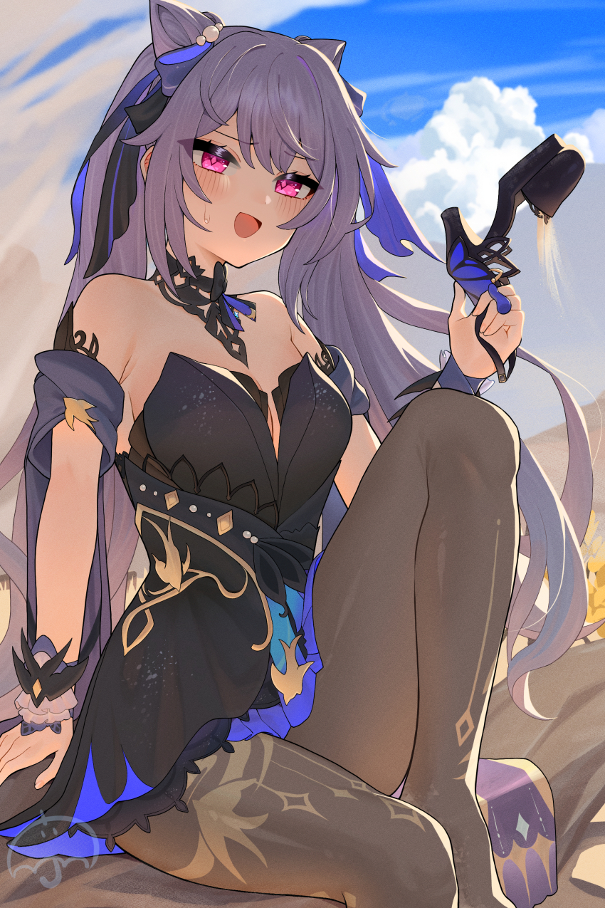 1girl :d absurdres amagasa arm_support armpit_crease bare_shoulders black_dress black_pantyhose blue_sky blush breasts cloud cone_hair_bun detached_sleeves diamond-shaped_pupils diamond_(shape) double_bun dress genshin_impact hair_bun hair_ears high_heels highres holding holding_footwear holding_shoes holding_unworn_clothes keqing_(genshin_impact) keqing_(opulent_splendor)_(genshin_impact) knee_up long_hair medium_breasts official_alternate_costume open_mouth pantyhose pink_eyes purple_hair shoes sitting sky smile solo strapless strapless_dress sweatdrop symbol-shaped_pupils unworn_footwear unworn_shoes