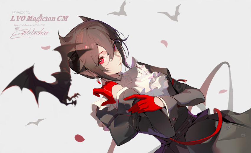 1girl absurdres arknights ascot bat_(animal) black_dress black_hair centmeter dress dutch_angle earrings entelechia_(arknights) gloves hair_between_eyes hair_horns highres jewelry juliet_sleeves long_sleeves looking_at_viewer mole mole_under_eye parted_lips pointy_ears puffy_sleeves red_eyes red_gloves short_hair sidelocks simple_background solo star-shaped_pupils star_(symbol) symbol-shaped_pupils upper_body white_ascot white_background