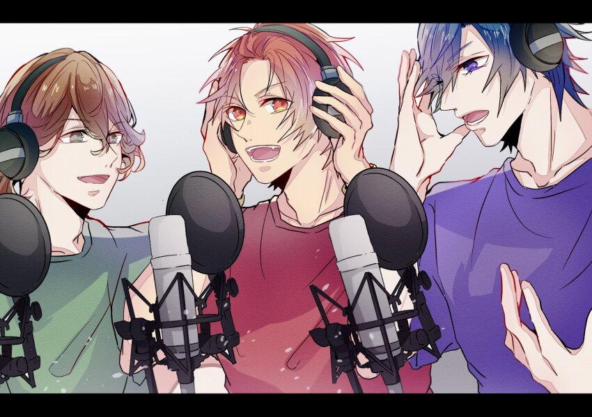 3boys :d bangs_pinned_back black_border blue_eyes blue_hair border brown_hair collarbone fangs green_shirt grey_background grey_eyes hair_between_eyes hand_up hands_on_headphones headphones highres ichinose_tokiya ittoki_otoya kotobuki_reiji letterboxed looking_at_another male_focus microphone multiple_boys music open_mouth pop_filter profile purple_shirt red_hair red_shirt shirt short_hair short_sleeves singing smile studio_microphone swept_bangs t-shirt upper_body uta_no_prince-sama vibrahat