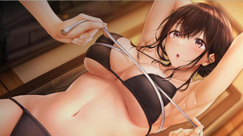 1girl 1other armpits arms_up artist_request bikini black_bikini breasts brown_eyes brown_hair bust_measuring commentary_request dutch_angle highres holding_tape_measure indoors large_breasts measuring navel official_art open_mouth seifuku_kanojo seifuku_kanojo_2 solo_focus stomach swimsuit yahiro_mio