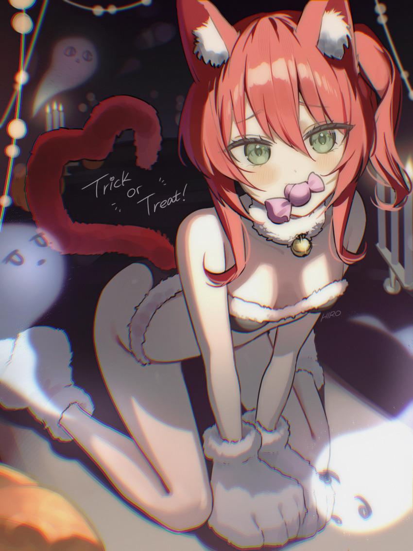 1girl absurdres all_fours animal_ear_fluff animal_ears animal_hands blush bocchi_the_rock! breasts candy cat_ears cat_paws cat_tail commentary english_commentary food gloves green_eyes heart heart_tail highres kemonomimi_mode kita_ikuyo medium_hair mouth_hold paw_gloves paw_shoes red_hair rounizm side_ponytail small_breasts tail thighs trick_or_treat wrapped_candy