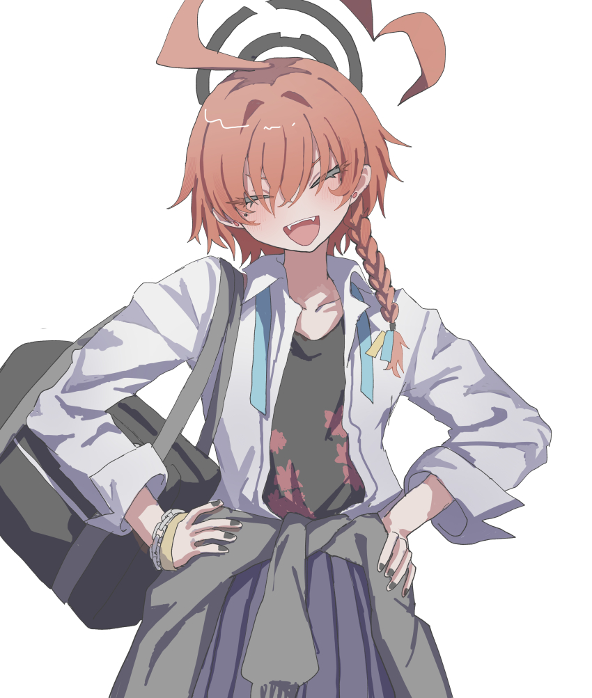 1girl ^_^ absurdres ahoge bag black_skirt black_undershirt blue_archive blush braid cardigan closed_eyes collarbone commentary_request fangs fingernails grey_cardigan halo hands_on_own_hips highres huge_ahoge mole mole_under_each_eye mole_under_eye multiple_moles nail_polish neck_ribbon neru_(blue_archive) neru_(school_uniform)_(blue_archive) official_alternate_costume open_clothes open_shirt orange_hair pleated_skirt ribbon school_bag school_uniform shirt short_hair simple_background single_braid skirt smile solo undone_neck_ribbon white_background white_shirt yuni_(_nx_xn9)