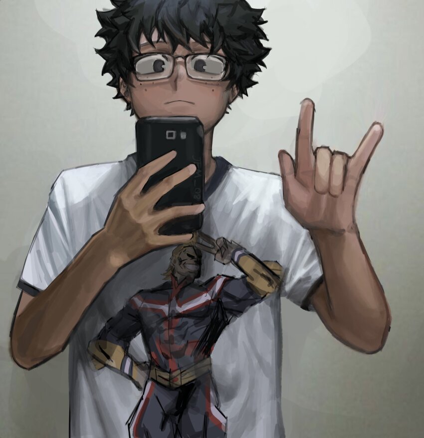 2boys \m/ all_might alternate_costume alternate_hairstyle black_eyes black_hair boku_no_hero_academia cellphone closed_mouth commentary glasses hashtag-only_commentary highres holding holding_phone male_focus merchandise midoriya_izuku mirror_selfie multiple_boys myxi_088 phone selfie shirt short_hair smartphone solo symbol-only_commentary upper_body