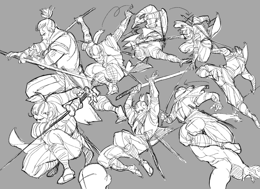2boys attack expressionless grey_background greyscale highres holding holding_sword holding_weapon japanese_clothes katana male_focus monochrome multiple_boys ninja piyomotsu sekiro sekiro:_shadows_die_twice simple_background sketch squatting sword weapon