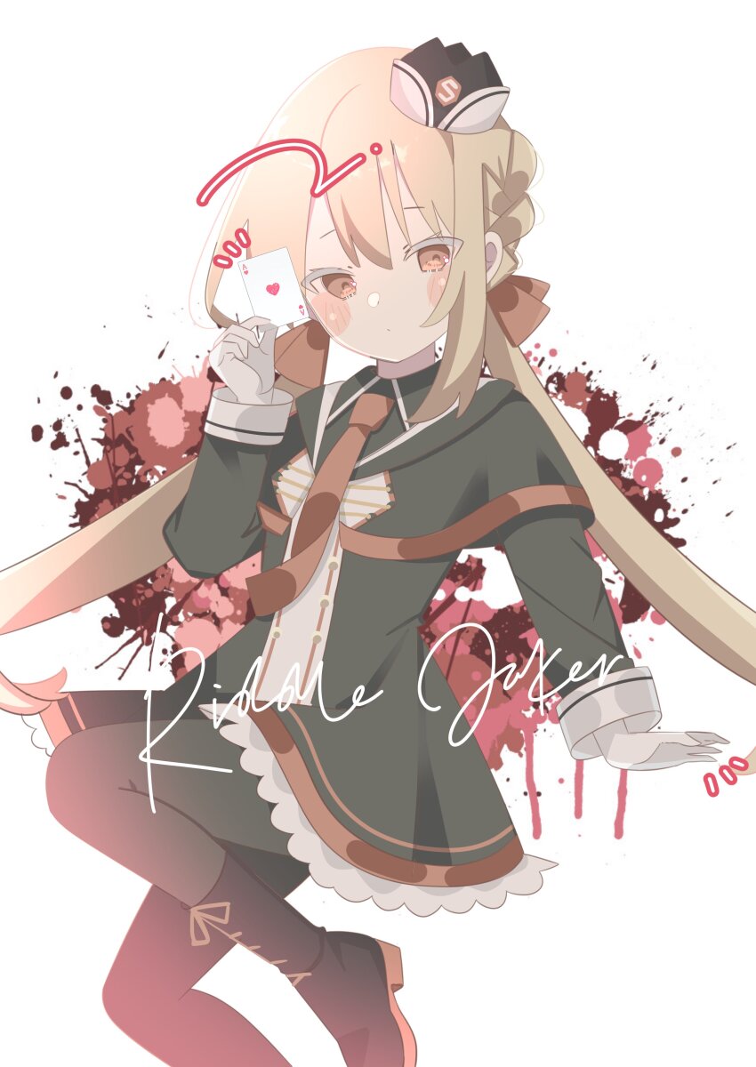 1girl 9ra4ki33 absurdres ace_(playing_card) ace_of_hearts arihara_nanami black_boots black_capelet black_dress black_hat black_pantyhose blonde_hair blush_stickers boots capelet card closed_mouth colored_eyelashes commentary_request copyright_name dress expressionless foot_out_of_frame frilled_dress frills garrison_cap gloves hair_between_eyes hair_ribbon hand_up hat heart highres holding holding_card lace-up_boots long_hair long_sleeves looking_at_viewer low_twintails necktie notice_lines pantyhose playing_card red_eyes red_necktie ribbon riddle_joker short_dress simple_background solo thick_thighs thighs twintails very_long_hair white_background white_gloves