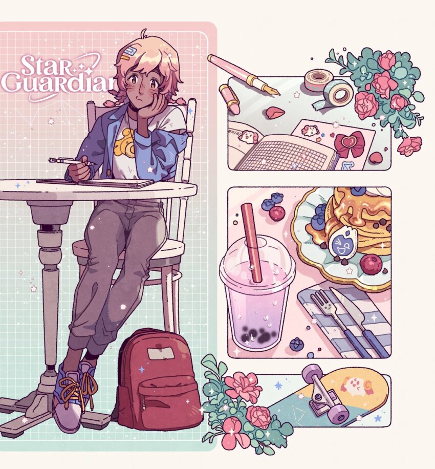 1girl bag berry blueberry bow braid brown_eyes bubble_tea butter_knife collared_jacket colorful dark-skinned_female dark_skin duct_tape fiddlesticks flower food fork freckles fruit hair_ornament jacket league_of_legends long_sleeves multiple_braids notebook pancake pink_bow pink_hair school_bag shirt shoes short_hair sitting skateboard sneakers solo star_guardian_(league_of_legends) star_guardian_pet star_guardian_taliyah star_nemesis_fiddlesticks sticker taliyah wenny02 white_shirt writing