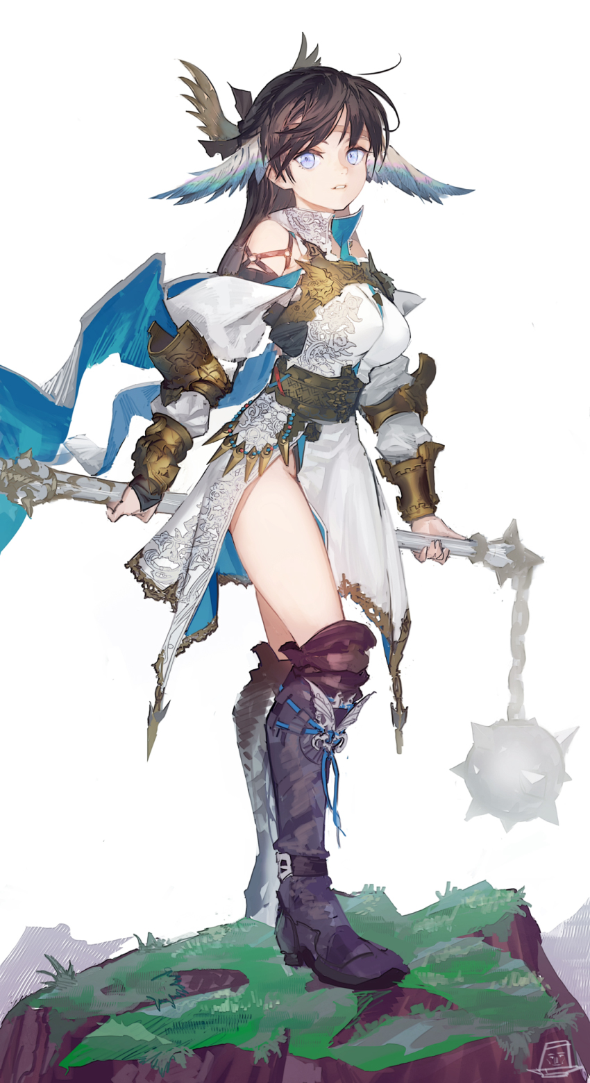 armor bare_shoulders beads blue_eyes boots brown_hair brown_headband chain diamond-shaped_pupils diamond_(shape) feather_hair_ornament feathers flail floral_print gigapuri grass grey_background hair_ornament headband highres holding holding_flail holding_weapon long_hair o-ring original parted_lips rock signature simple_background solo spikes symbol-shaped_pupils teeth vambraces weapon