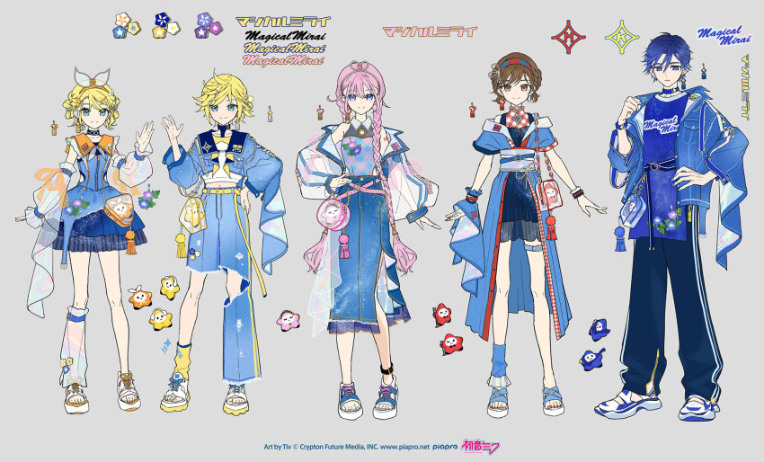 2boys 3girls aqua_eyes arm_tattoo asymmetrical_pants belt belt_charm blonde_hair blue_belt blue_choker blue_dress blue_eyes blue_hair blue_jacket blue_pants blue_skirt bow_hairband braid brown_eyes brown_hair charm_(object) choker closed_mouth commentary_request copyright_notice detached_sleeves dress earrings grey_background hair_between_eyes hairband hand_on_own_hip highres hip_vent jacket jewelry kagamine_len kagamine_rin kaito_(vocaloid) logo magical_mirai_(vocaloid) magical_mirai_kaito magical_mirai_kaito_(2025) magical_mirai_len magical_mirai_len_(2025) magical_mirai_luka magical_mirai_luka_(2025) magical_mirai_meiko magical_mirai_meiko_(2025) magical_mirai_rin magical_mirai_rin_(2025) megurine_luka meiko_(vocaloid) multiple_boys multiple_girls official_art open_clothes open_jacket pants pink_belt pink_hair reference_sheet second-party_source see-through_clothes see-through_jacket see-through_sleeves shoes single_earring single_leg_warmer skirt smile tank_top tassel tattoo tiv torn_clothes torn_pants twin_braids vocaloid white_shoes yellow_belt