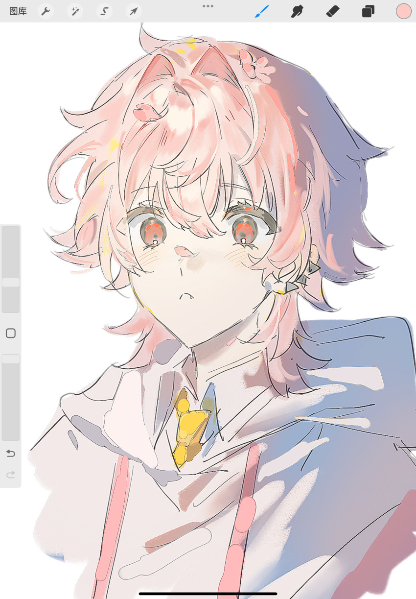 1boy art_program_in_frame closed_mouth collared_shirt commentary drawstring fang fang_out flower frown hair_between_eyes hair_flower hair_intakes hair_ornament highres hood hoodie jiu_ba male_focus neckerchief paradox_live pink_flower procreate_(medium) procreate_(software) red_eyes rokuta_(paradox_live) shirt short_hair simple_background solo symbol-only_commentary upper_body white_background white_hoodie white_shirt yellow_neckerchief