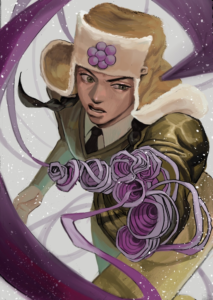 1boy black_hair bomber_hat braid brown_coat brown_eyes coat doggy_style_(stand) hat highres jojo_no_kimyou_na_bouken jojolion male_focus mamezuku_rai necktie ribbon snr_snr solo stand_(jojo) twin_braids