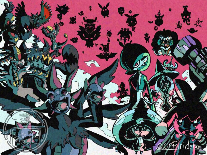 aromatisse artist_name bob_cut carbink clefable clefairy comfey cottonee debudebumetabo deino_(pokemon) dragon fangs floette florges flutter_mane galarian_form galarian_weezing gardevoir gen_1_pokemon gen_2_pokemon gen_3_pokemon gen_4_pokemon gen_5_pokemon gen_6_pokemon gen_7_pokemon gen_8_pokemon green_hair guzzlord hakamo-o hammer hat hatenna hatterene hattrem highres hydreigon jangmo-o kirlia klefki kommo-o mime_jr. mimikyu mr._mime nintendo open_mouth pincers pink_background pokemon pokemon_(creature) red_eyes roaring_moon smile snubbull spritzee swirlix tears tinkaton togekiss togetic ultra_beast watermark whimsicott wigglytuff wings witch_hat zweilous