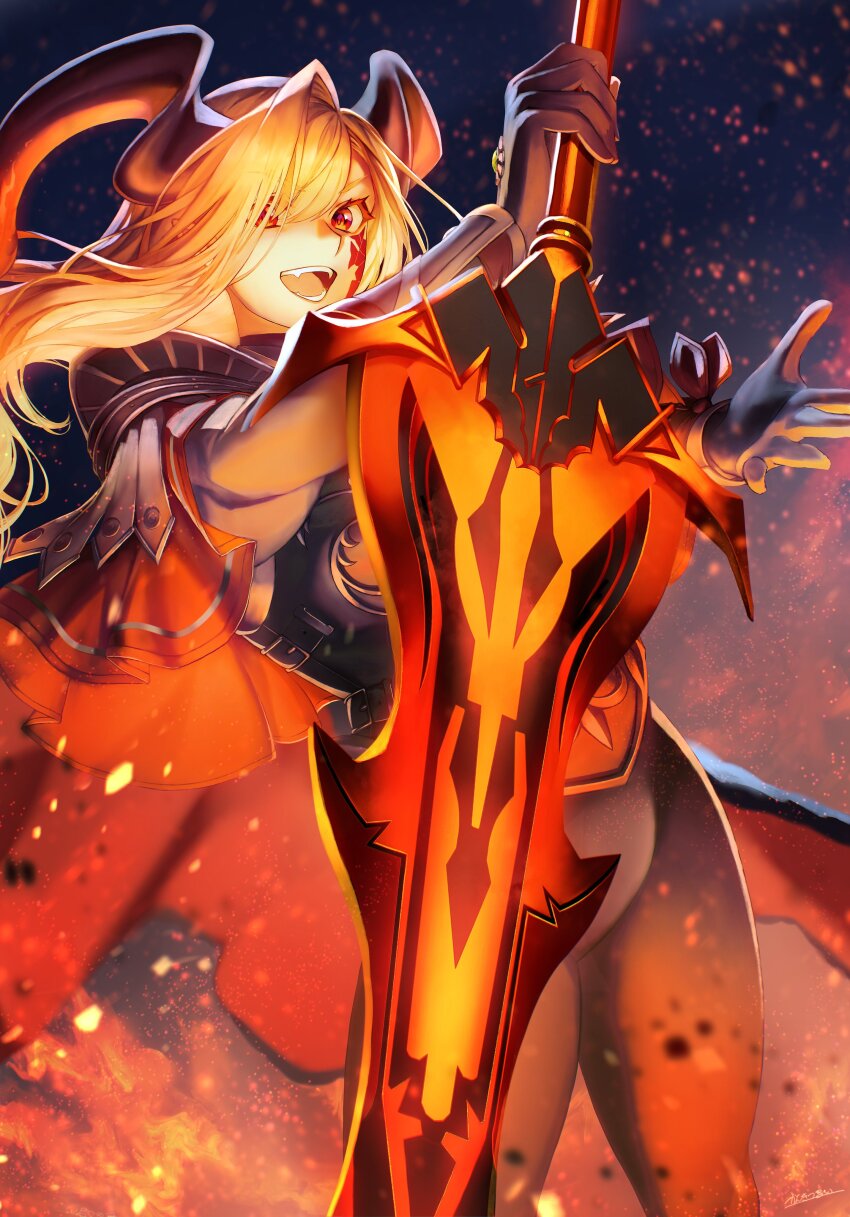 1girl absurdres alternate_costume armor black_armor black_gloves black_pants blonde_hair breastplate cape cinders clothes_on_shoulders dragon_horns eyelashes facial_mark fangs fate/grand_order fate_(series) fire gloves glowing glowing_sword glowing_weapon hair_over_one_eye highres horns kankitsurui_(house_of_citrus) long_hair long_sleeves looking_at_viewer nero_claudius_(fate) outdoors pants pauldrons pteruges queen_draco_(fate) queen_draco_(third_ascension)_(fate) red_cape red_eyes shoulder_armor smile solo sword thick_thighs thighs vambraces weapon