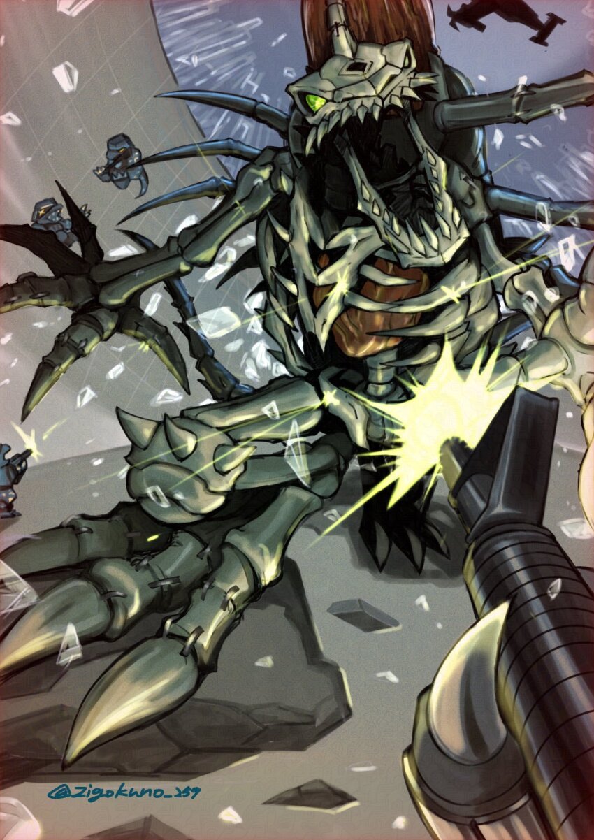 assault_rifle battle cargodramon commandramon digimon digimon_(creature) green_eyes gun highres holding holding_gun holding_weapon m16 pov rifle sharp_teeth skeleton skullgreymon solo_focus submachine_gun teeth twitter_username weapon zigokuno