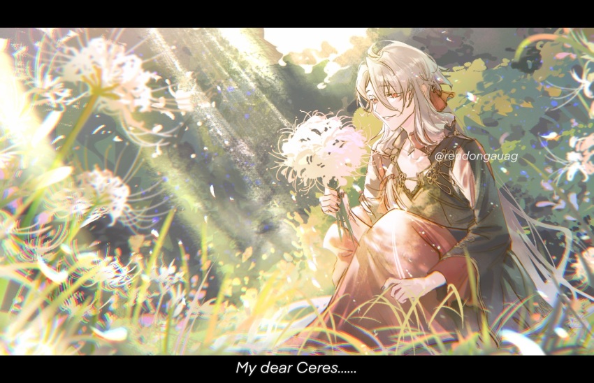 1boy ahoge androgynous ankou_(shuuen_no_virche) black_dress bouquet bow dress flower grey_hair hair_bow hetero holding holding_bouquet holding_flower kneeling long_hair long_sleeves male_focus multicolored_dress red_bow red_dress red_eyes rendong06 shuuen_no_virche spider_lily white_flower white_spider_lily