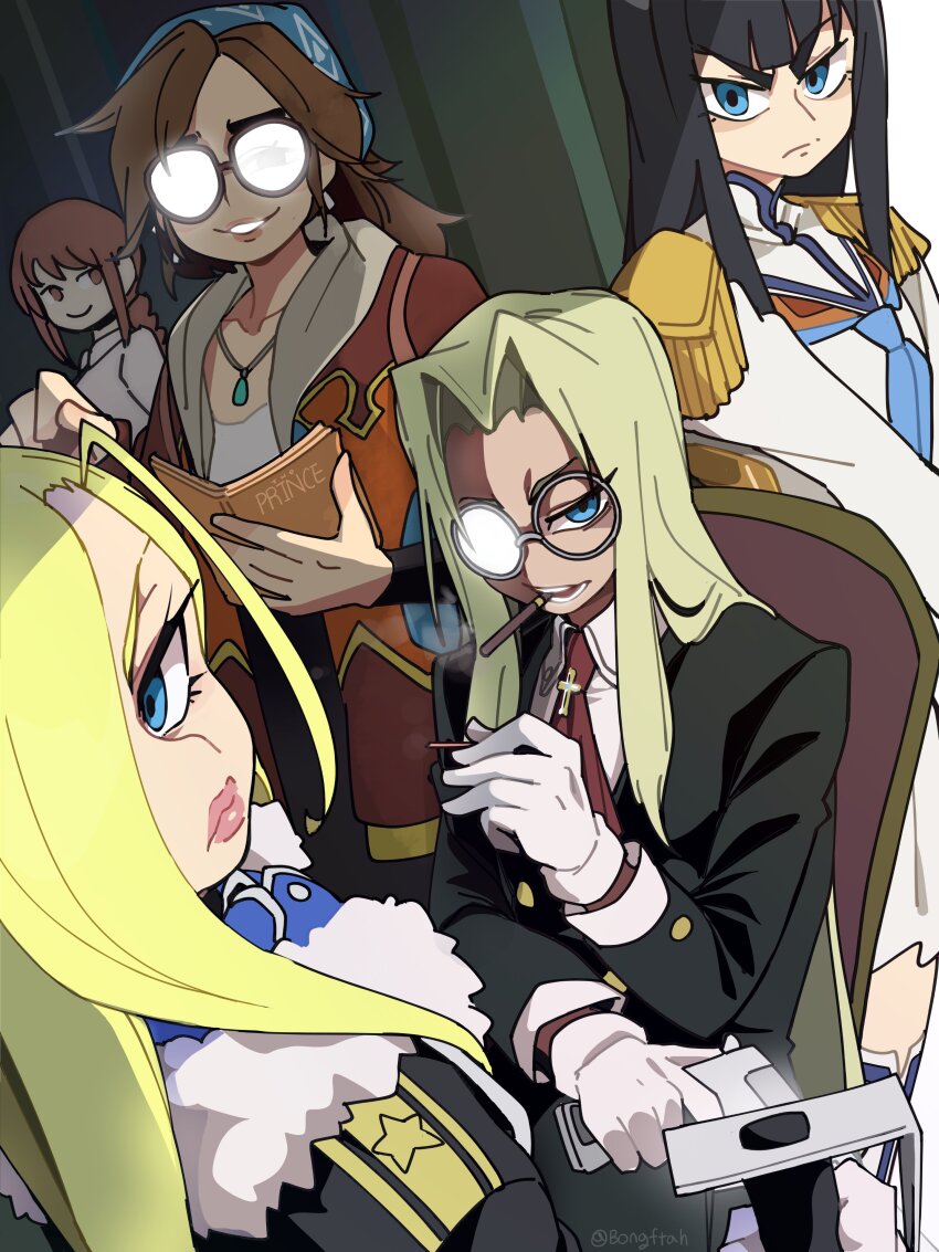 5girls absurdres alma_(monster_hunter_wilds) bandana bongfill book chainsaw_man character_request cigar copyright_request crossover dark-skinned_female dark_skin english_text fullmetal_alchemist glasses gloves gun hellsing highres holding holding_book holding_cigar holding_gun holding_sword holding_weapon integra_hellsing kill_la_kill kiryuuin_satsuki looking_at_viewer makima_(chainsaw_man) military_uniform monster_hunter_(series) monster_hunter_wilds multiple_crossover multiple_girls olivier_mira_armstrong school_uniform smoking sword weapon