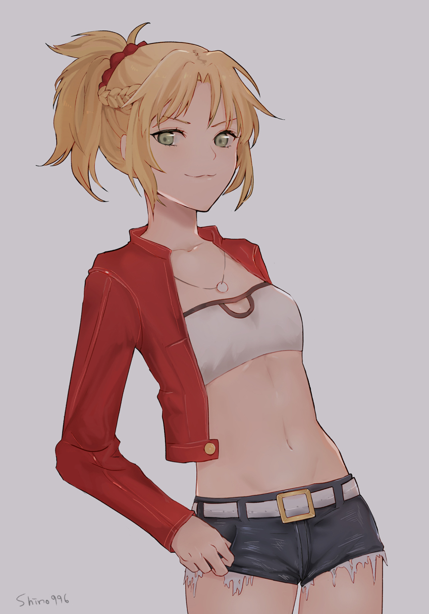 1girl :3 artist_name bad_id bad_pixiv_id belt blonde_hair braid breasts closed_mouth cropped_jacket cutoffs denim denim_shorts fate/apocrypha fate_(series) female_focus green_eyes grey_background groin hair_ornament hair_scrunchie highres jacket jewelry long_sleeves looking_at_viewer mordred_(fate) mordred_(fate/apocrypha) mordred_(memories_at_trifas)_(fate) navel necklace red_jacket red_scarf scarf scrunchie shino_(mufn5785) short_hair short_shorts shorts simple_background small_breasts smile solo standing stomach white_belt