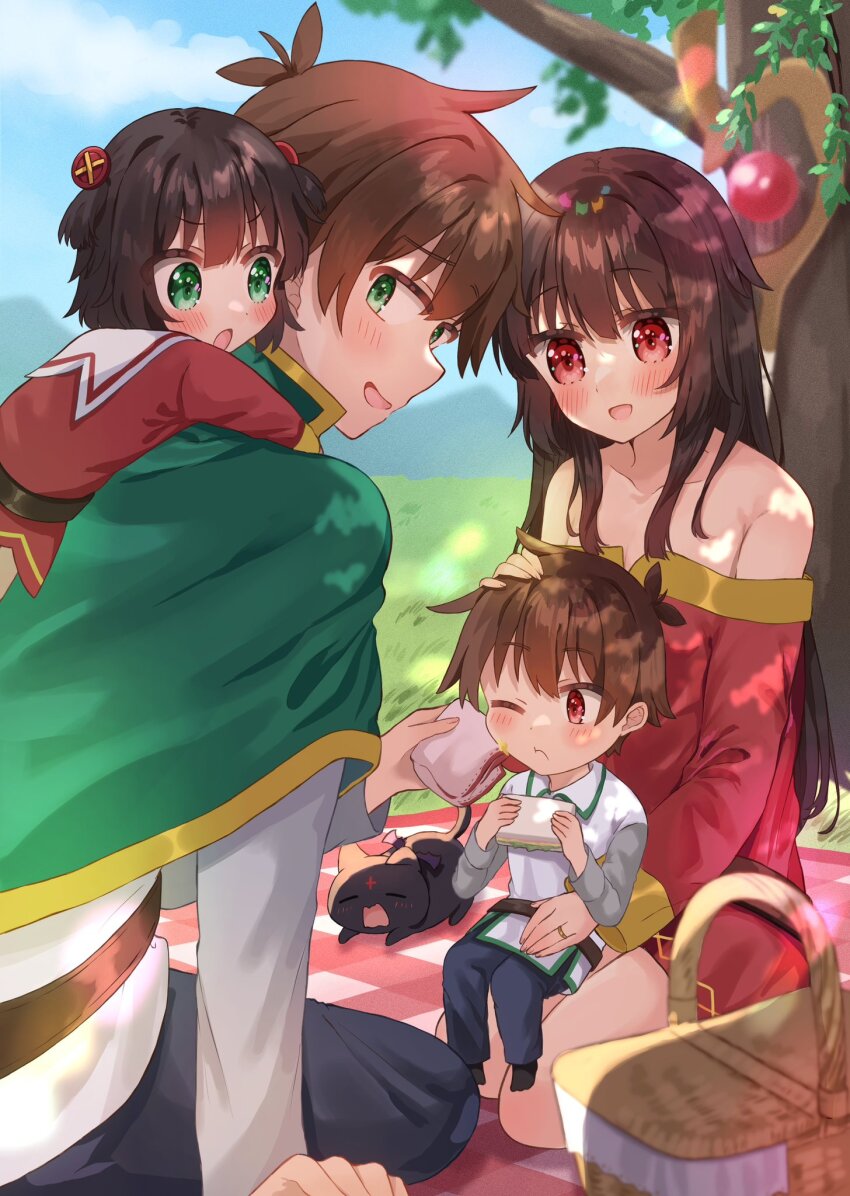 2boys 2girls :d :o aged_up alternate_hair_length alternate_hairstyle bare_shoulders belt black_belt black_cat black_hair blanket blue_sky blunt_bangs blush brown_hair cape cat child chomusuke collarbone commentary commission couple dappled_sunlight day dress eyes_visible_through_hair family family_bonding father_and_daughter father_and_son food food_on_face frown full_body green_cape green_eyes hair_between_eyes happy headpat hetero highres hug hug_from_behind if_they_mated kono_subarashii_sekai_ni_shukufuku_wo! long_hair long_sleeves mage_staff megumin mother_and_daughter mother_and_son mountainous_horizon multiple_boys multiple_girls off-shoulder_dress off_shoulder one_eye_closed open_mouth outdoors picnic picnic_blanket red_dress red_eyes sailor_collar sailor_dress satou_kazuma short_dress short_hair sidelocks sitting sitting_on_lap sitting_on_person skeb_commission sky smile spiked_hair staff straight_hair sunlight tree two_side_up v-shaped_eyebrows very_long_hair white_sailor_collar yawning yuno_(suke_yuno)