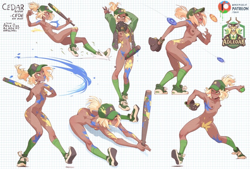 1girl ass ball baseball_bat baseball_cap batting_stance between_legs blonde_hair breasts cedar_(creux) character_name cleft_of_venus commentary creux dark-skinned_female dark_skin english_commentary english_text full_body glove_in_mouth gloves green_footwear green_socks grid_background hair_tie hat highres holding holding_ball holding_baseball_bat holding_hair_tie holding_own_hair jacket naked_footwear logo medium_breasts mouth_hold multiple_views navel nipples nude open_clothes open_jacket original paid_reward_available paint_on_body paint_splatter patreon_logo patreon_username pitching ponytail pussy shoes sitting sliding sneakers socks splatball_(creux) standing teeth thigh_gap uncensored white_background yellow_eyes