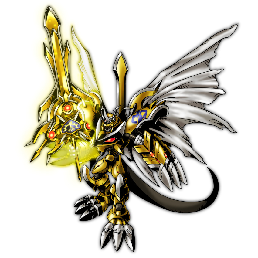 1boy cape claws digimon digimon_(creature) durandamon fusion highres imperialdramon imperialdramon_fighter_mode imperialdramon_paladin_mode male_focus original red_eyes solo sword tail weapon