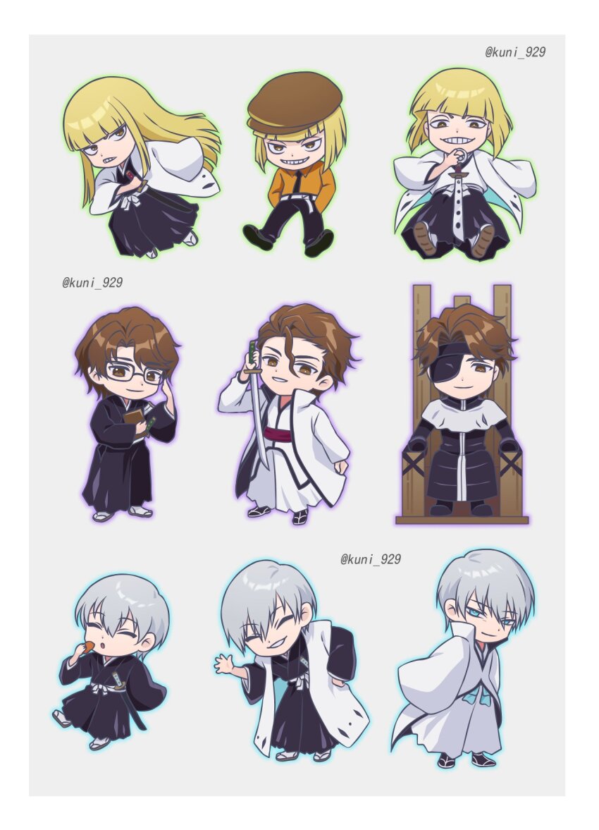 3boys adjusting_eyewear age_progression aizen_sousuke black-framed_eyewear black_hakama black_kimono bleach bleach:_sennen_kessen-hen bleach:_turn_back_the_pendulum blonde_hair blue_eyes blunt_bangs blunt_ends bob_cut border brown_eyes brown_hair chibi chibi_only child closed_mouth commentary_request eyepatch fighting_stance food glasses grey_background grey_hair grin hair_between_eyes hakama hand_on_own_hip hand_up hands_in_pockets haori highres hirako_shinji holding holding_food holding_sword holding_weapon ichimaru_gin japanese_clothes katana kimono korean_commentary kuni_929 long_sleeves looking_at_viewer male_focus multiple_boys multiple_views official_alternate_costume official_alternate_hair_length official_alternate_hairstyle one_eye_covered open_mouth parted_lips sakanade_(shikai) shikai short_hair sidelocks simple_background sitting smile spiked_hair standing straight_hair sword taichou_haori teeth tsurime twitter_username unusually_open_eyes v-shaped_eyebrows waving weapon white_border wide_sleeves