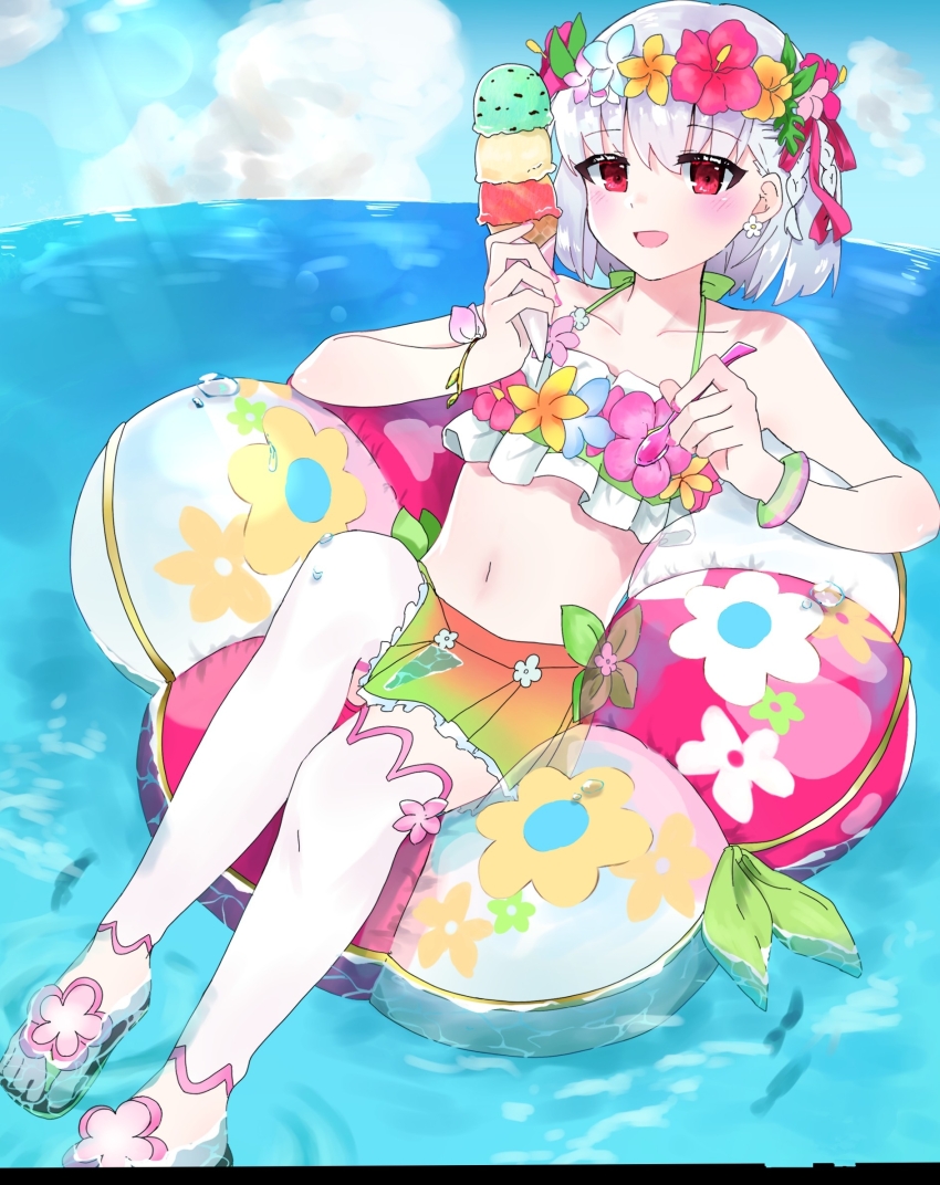 1girl bare_shoulders bikini blue_sky blush bracelet breasts collarbone fate/grand_order fate_(series) flower_wreath food green_bikini hair_ribbon head_wreath highres ice_cream ice_cream_cone innertube jewelry kama_(fate) kama_(swimsuit_avenger)_(fate) kama_(swimsuit_avenger)_(first_ascension)_(fate) looking_at_viewer miniskirt navel ocean rainbow_skirt red_eyes ribbon sandals short_hair skirt sky small_breasts swim_ring swimsuit thighhighs umeboshi_disk white_hair white_thighhighs
