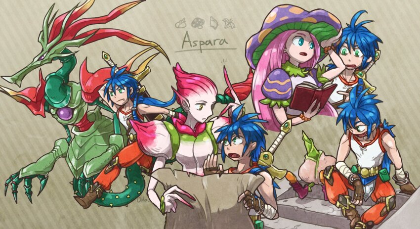 1boy 1girl blue_eyes book breath_of_fire breath_of_fire_ii closed_mouth dual_persona fingerless_gloves gloves green_eyes hat long_hair map mushroom_girl odo_7ta open_mouth pink_hair pointy_ears ryu_(breath_of_fire_ii) spar sword sword_on_back weapon weapon_on_back