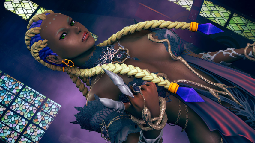 1girl bodypaint braid braided_ponytail breasts cleavage collar curvy dark-skinned_female dark_skin dolores_(kof) dress female_focus glasses gold green_eyes jewelry large_breasts lingerie long_hair looking_at_viewer mcm82 multicolored_hair necklace purple_hair revealing_clothes round_eyewear the_king_of_fighters thick_lips two-tone_hair underwear very_dark_skin white_hair