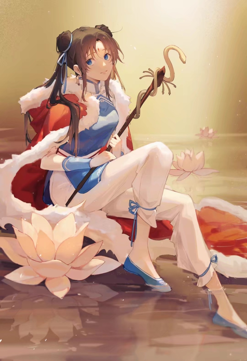 1girl black_hair blue_dress blue_eyes brown_hair china_dress chinese_clothes dechel double_bun dress foot_out_of_frame hair_bun highres light_smile long_hair long_sleeves looking_at_viewer parted_lips ribbon sitting soaking_feet solo staff twintails water xianjian_qixia_zhuan zhao_linger
