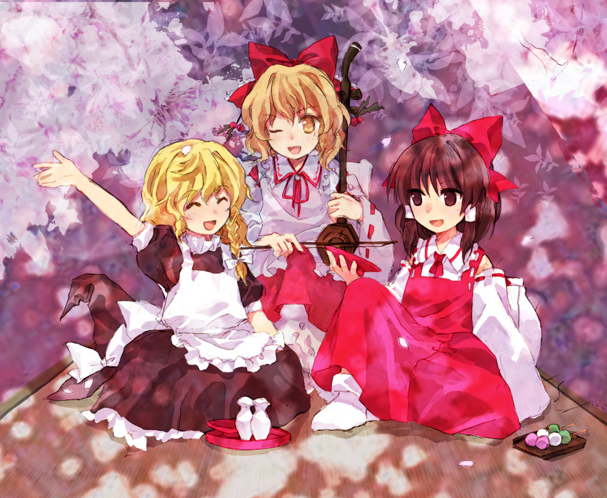 3girls :d ;d ^_^ alcohol apron arm_up black_dress blonde_hair bow bow_(music) braid brown_eyes brown_hair choko_(cup) closed_eyes collared_shirt cup dango detached_sleeves dress embodiment_of_scarlet_devil erhu food frilled_apron frilled_skirt frills hair_bow hair_tubes hakurei_reimu happy hat highres instrument japanese_clothes kaigen_1025 kariginu kirisame_marisa long_hair long_sleeves multiple_girls music no_shoes nontraditional_miko one_eye_closed open_mouth outdoors playing_instrument puffy_short_sleeves puffy_sleeves red_bow red_skirt red_vest sakazuki satsuki_rin shirt short_hair short_sleeves side_braid sidelocks single_braid sitting skirt smile socks tokkuri touhou unworn_headwear vest wagashi white_apron white_shirt white_socks wide_sleeves witch witch_hat yellow_eyes