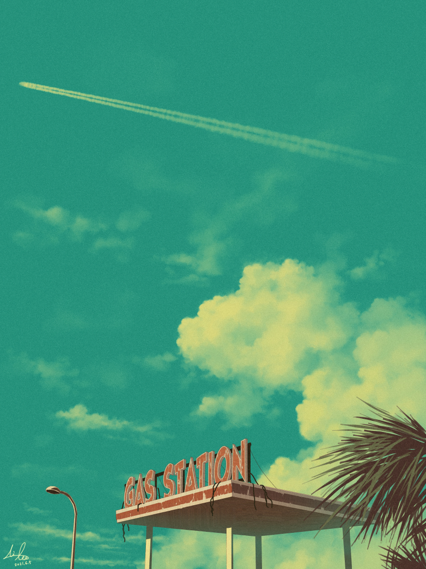 absurdres blue_sky cloud cloudy_sky english_text fern gas_station highres home_nobi lamppost no_humans original plant ruins scenery sky sky_focus utility_pole