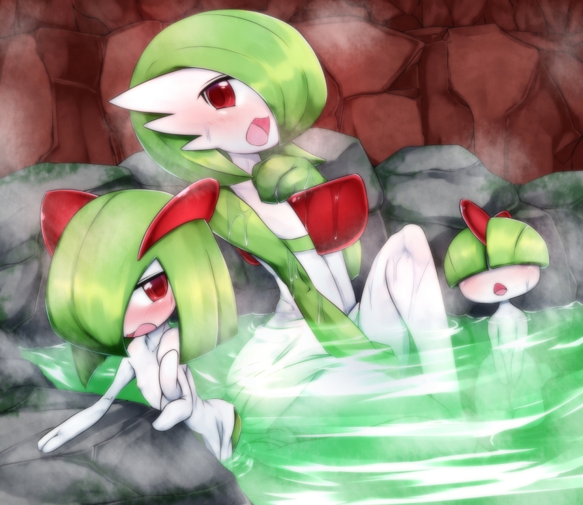 bath bathing blush bowl_cut colored_skin evolutionary_line gardevoir gen_3_pokemon green_hair green_skin hair_over_eyes hair_over_one_eye horns kirlia looking_at_viewer multicolored_skin nintendo no_humans onsen open_mouth partially_submerged pink_eyes pokemon pokemon_(creature) ralts red_eyes ripples rock short_hair sidelocks steam two-tone_skin water wet white_skin yu_yun