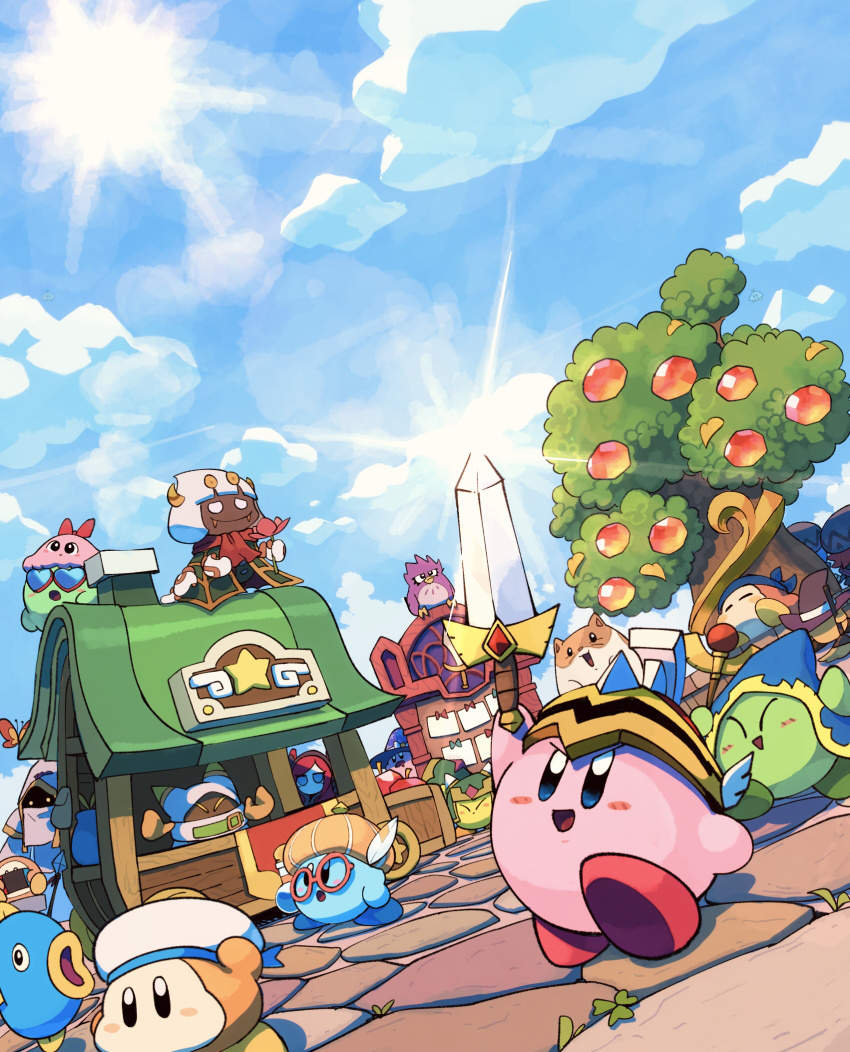 bandana bandana_waddle_dee beam_mage blue_sky broom broom_hatter bug butterfly butterfly_wings chuchu_(kirby) closed_eyes cloud coo_(kirby) doctor_healmore fangs flamberge_(kirby) flower francisca_(kirby) gem_apple glasses gloves hammer_lord handheld_game_console hat heart heart-shaped_eyewear highres holding holding_broom holding_flower holding_handheld_game_console holding_sword holding_weapon hyness insect insect_wings kine_(kirby) kirby kirby_(series) magolor nintendo nintendo_switch parallel_susie polearm rayman_limbs rick_(kirby) round_eyewear sailor_hat sailor_waddle_dee sky smile solid_oval_eyes spear sun super_kirby_clash suyasuyabi sword sword_hero taranza tree waddle_dee weapon wings witch_hat