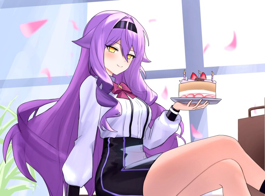 1girl birthday_cake black_skirt breasts cake commentary crossed_legs english_commentary falling_petals food highres holding holding_plate honkai_(series) honkai_impact_3rd indoors long_hair official_alternate_costume pencil_skirt petals plate purple_hair shirt sirin sirin_(magic_academy_uniform) sirin_(miracle_magical_girl) sitting skirt small_breasts smile solo thighs very_long_hair white_shirt yellow_eyes yue_kanade