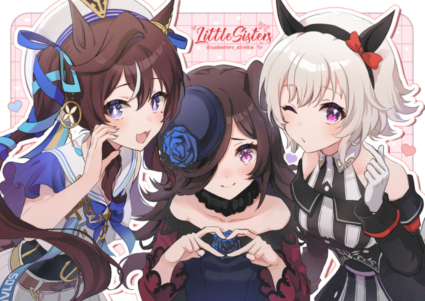 3girls anbutter_siruko aqua_nails aqua_ribbon bare_shoulders black_dress black_hairband blue_bow blue_bowtie blue_dress blue_flower blue_hat blue_ribbon blue_rose bow bowtie brown_hair closed_mouth clothing_cutout collarbone commentary_request curren_chan_(fille_eclair)_(umamusume) curren_chan_(umamusume) dress ear_ornament ears_down english_text flower four-finger_heart_hands gloves grid_background hair_ribbon hairband hat hat_flower heart heart_hands highres horse_girl long_hair long_sleeves looking_at_viewer multicolored_hair multiple_girls one_eye_closed pink_background puckered_lips purple_eyes ribbon rice_shower_(rosy_dreams)_(umamusume) rice_shower_(umamusume) rose sailor_collar sailor_shirt shirt short_hair shoulder_cutout skirt smile streaked_hair striped_clothes striped_dress trait_connection twintails twitter_username two-tone_dress umamusume vivlos_(umamusume) vivlos_(voyage_etincelant)_(umamusume) white_dress white_gloves white_hair white_hat white_shirt white_skirt