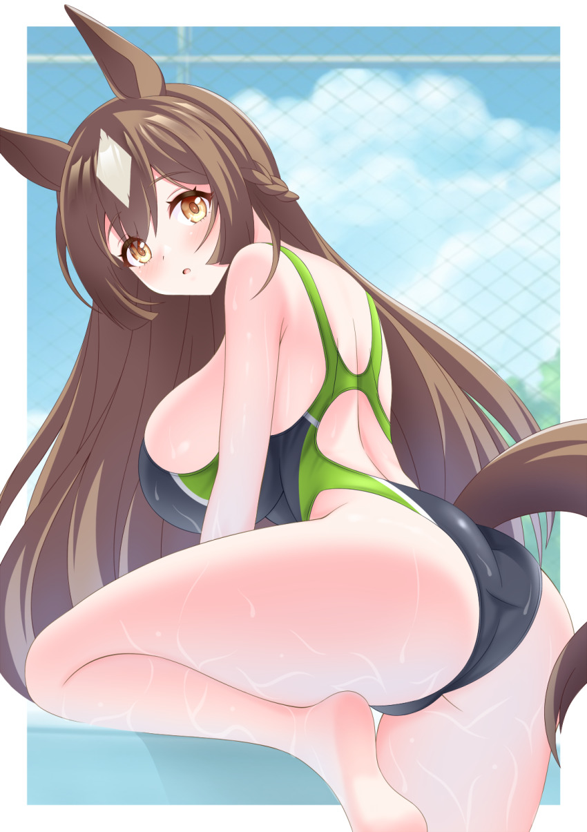 animal_ears ass barefoot black_one-piece_swimsuit braid breasts brown_eyes brown_hair chain-link_fence commentary_request competition_swimsuit cowboy_shot double-parted_bangs fence from_behind gurukorian hair_between_eyes half_up_braid half_updo highres horse_ears horse_girl horse_tail large_breasts long_hair looking_at_viewer one-piece_swimsuit racerback satono_diamond_(umamusume) swimsuit tail two-tone_swimsuit umamusume