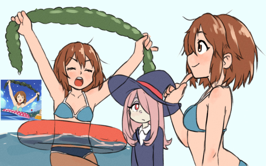 2girls arms_up beachepisode bikini black_hat blue_background blue_bikini brown_eyes brown_hair closed_eyes closed_mouth collarbone commentary double-parted_bangs english_commentary hair_between_eyes hair_over_one_eye hat highres hirasawa_yui index_finger_raised innertube k-on! little_witch_academia long_hair long_sleeves looking_at_another luna_nova_school_uniform multiple_girls open_mouth pink_hair red_eyes reference_inset school_uniform short_hair simple_background sucy_manbavaran swim_ring swimsuit teeth tongue transparent_innertube upper_teeth_only witch_hat