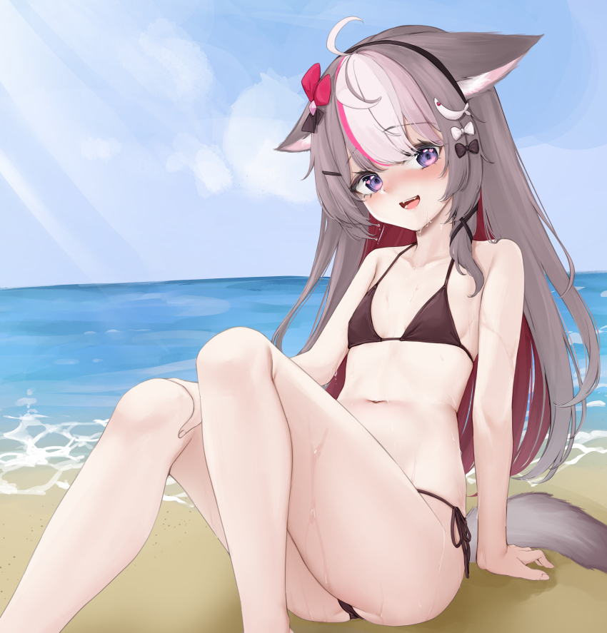 1girl :d absurdres ahoge animal_ears arm_at_side bare_arms bare_legs bare_shoulders beach benedia bikini black_bow black_hairband blue_sky blush bow breasts brown_bikini brown_hair collarbone colored_inner_hair day droopy_ears fangs feet_out_of_frame from_side hair_bow hair_ornament hairband hairclip hand_on_own_knee highres horizon knees_together_feet_apart knees_up light_rays long_hair looking_at_viewer multicolored_hair nanaring navel ocean on_ground open_mouth outdoors pink_eyes purple_eyes red_hair sand side-tie_bikini_bottom sitting sky small_breasts smile solo stomach straight_hair string_bikini sunlight swimsuit tail virtual_youtuber vlyz wet white_bow white_hair
