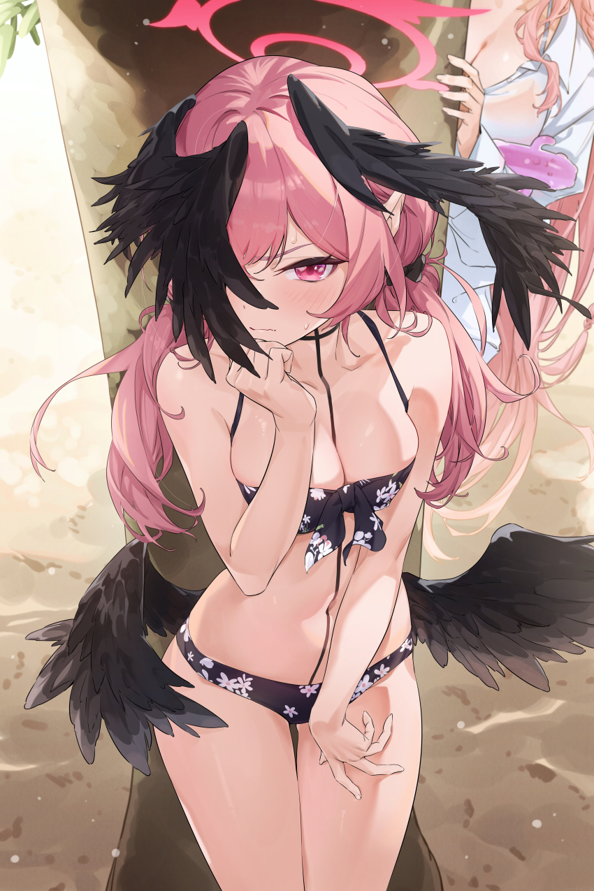 2girls absurdres alternate_breast_size bare_arms bare_shoulders behind_tree bikini black_bikini black_wings blue_archive blush breasts cleavage closed_mouth collarbone feathered_wings hair_between_eyes halo hanako_(blue_archive) hanako_(swimsuit)_(blue_archive) highres jjjsss koharu_(blue_archive) koharu_(swimsuit)_(blue_archive) long_hair looking_at_viewer medium_breasts multiple_girls one_eye_covered outdoors pink_eyes pink_hair pink_halo pointy_ears sand solo_focus sweatdrop swimsuit tree wings